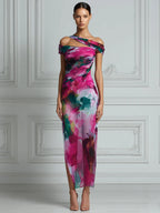 Asymmetric Off-Shoulder Watercolor Print Bodycon Midi Dress