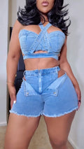 Criss-cross Strap Crop Top + Cut-out Frayed-hem Denim Shorts Set