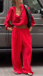 Red Velour Hooded Two Piece Tracksuit