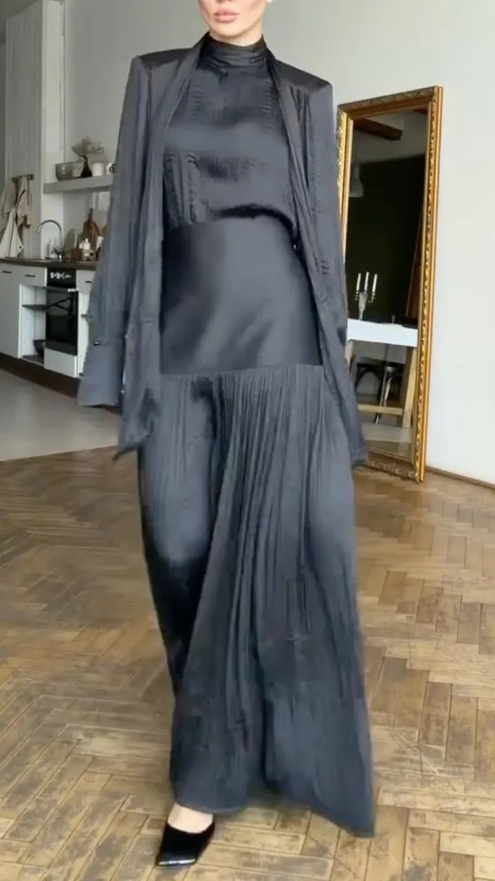 Black Satin Pleated Long 3 Piece Set