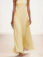 Yellow 3D Floral Gathered Chiffon One Shoulder Sleeveless A-Line Maxi Dress