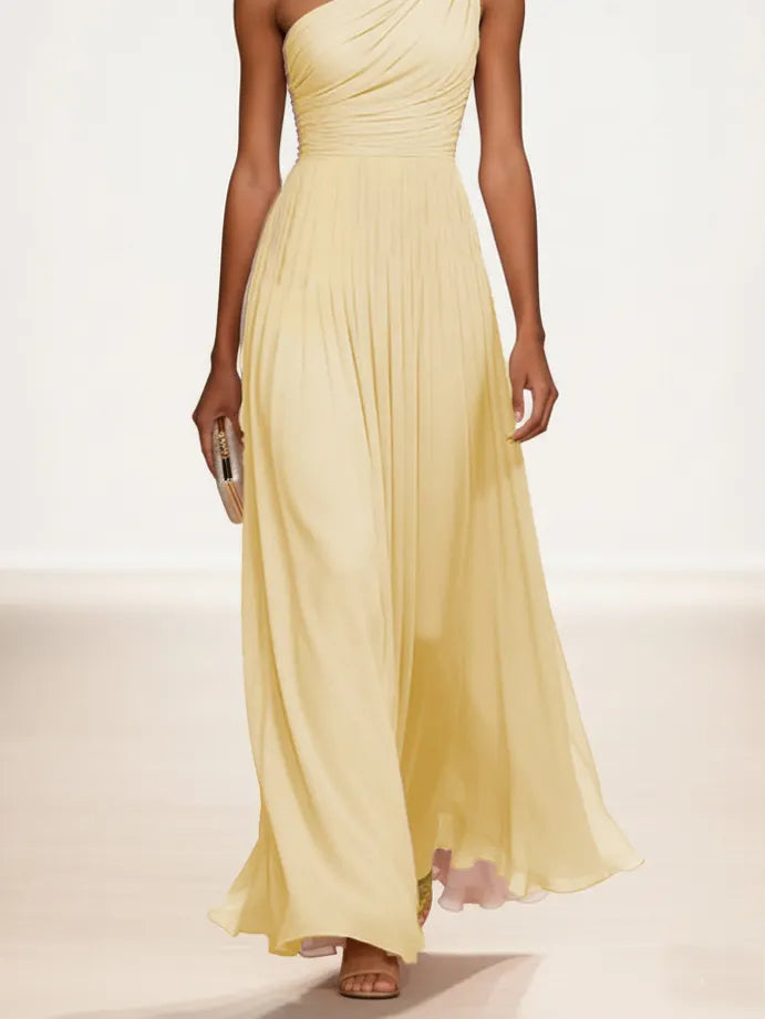 Yellow 3D Floral Gathered Chiffon One Shoulder Sleeveless A-Line Maxi Dress