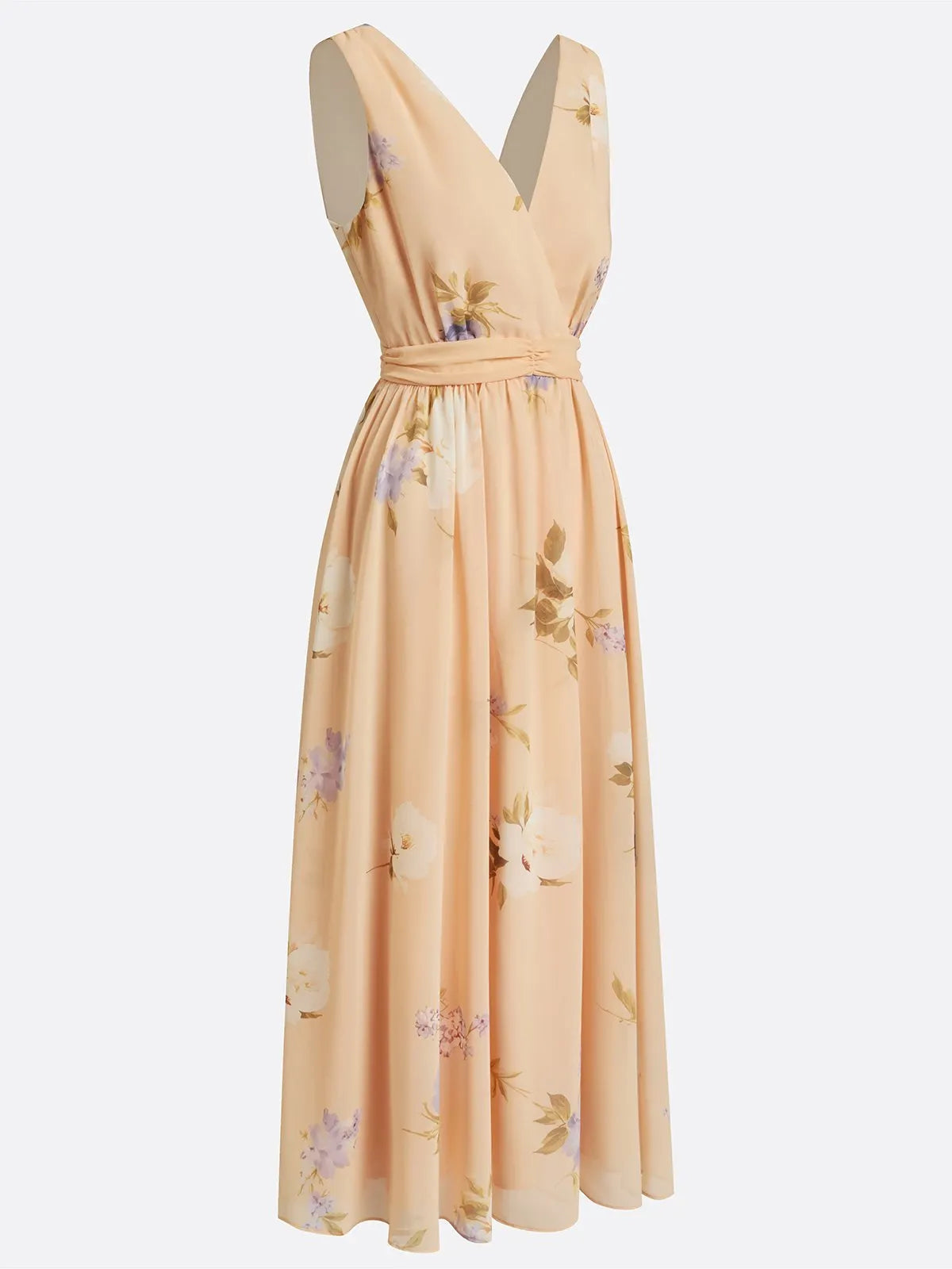 Apricot Floral Chiffon V Neck Sleeveless A-Line Maxi Dress