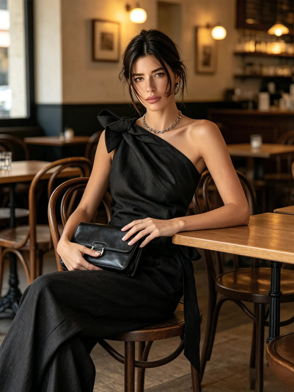 Black Linen-Blend One-Shoulder Bow Top & Wide-Leg Pants Two-Piece Set