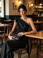 Black Linen-Blend One-Shoulder Bow Top & Wide-Leg Pants Two-Piece Set