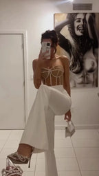 Rhinestone Mesh Corset & White Flared Pants Two Piece Set