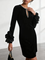Black 3D Floral Rhinestone Velvet Crew Neck Long Sleeve Sheath Mini Dress