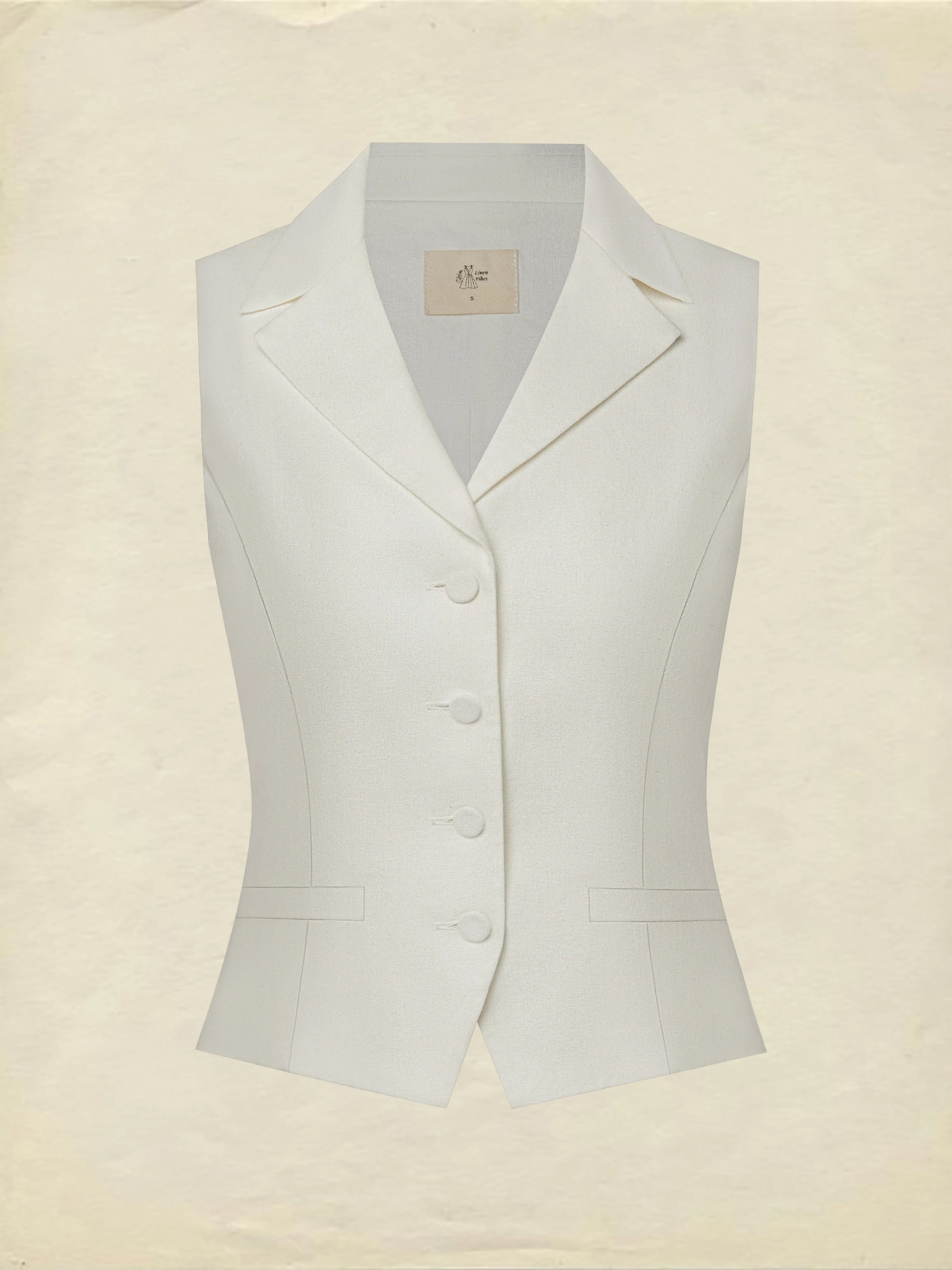 Linen Vest, Sleeveless, Shawl Collar, Plain, Button Design, Vacation, Vintage, White