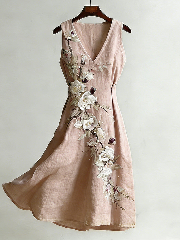 Women's Vintage Rose And Plum Blossom Pattern Casual Linen Blend Dress