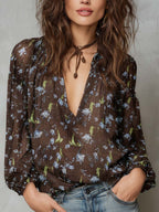Crinkled Floral Chiffon V-Neck Top