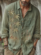 Men's Vintage Japanese Bamboo Embroidery Art Long Sleeve Linen Blend Shirt