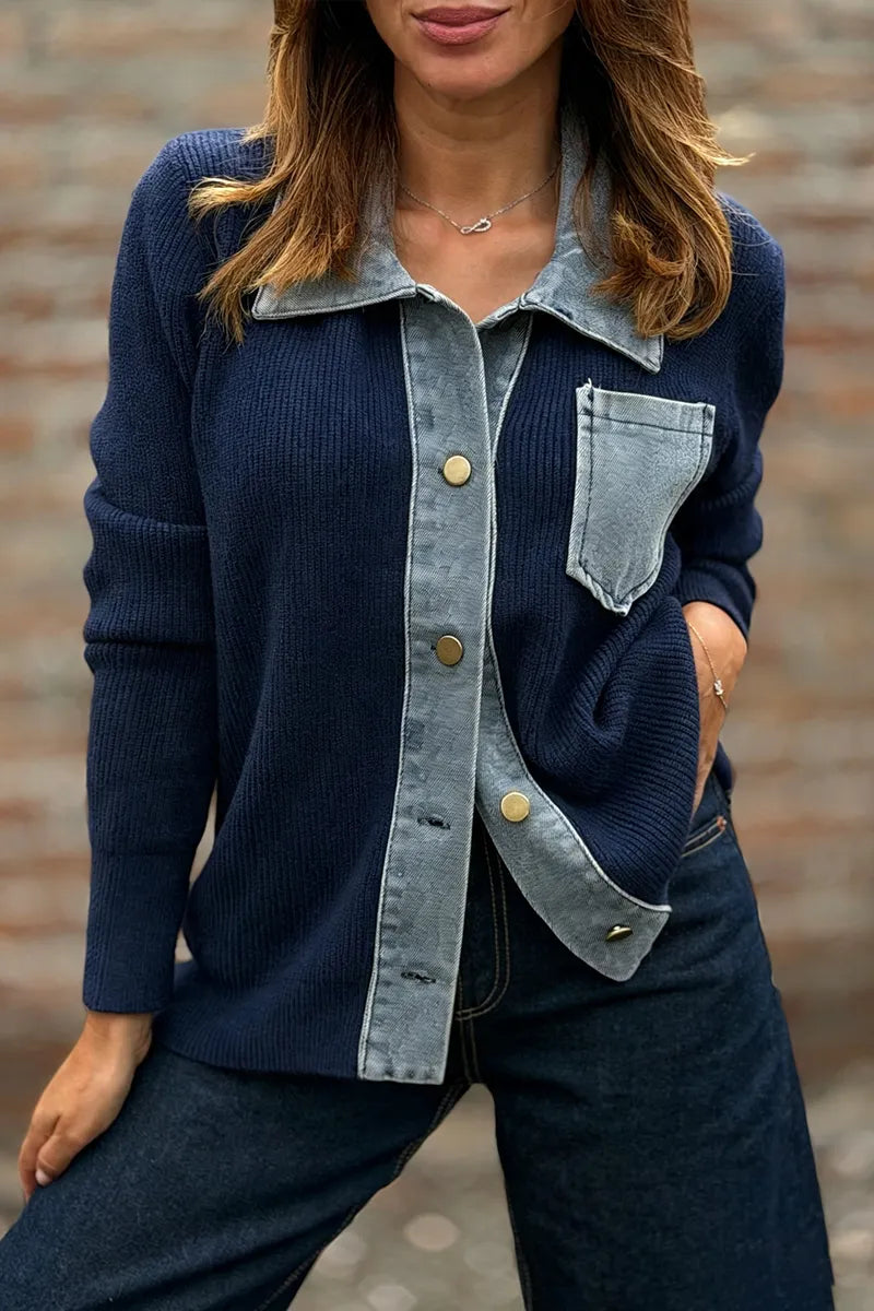 Women's Collar Denim Patchwork Casual Knit Jacket