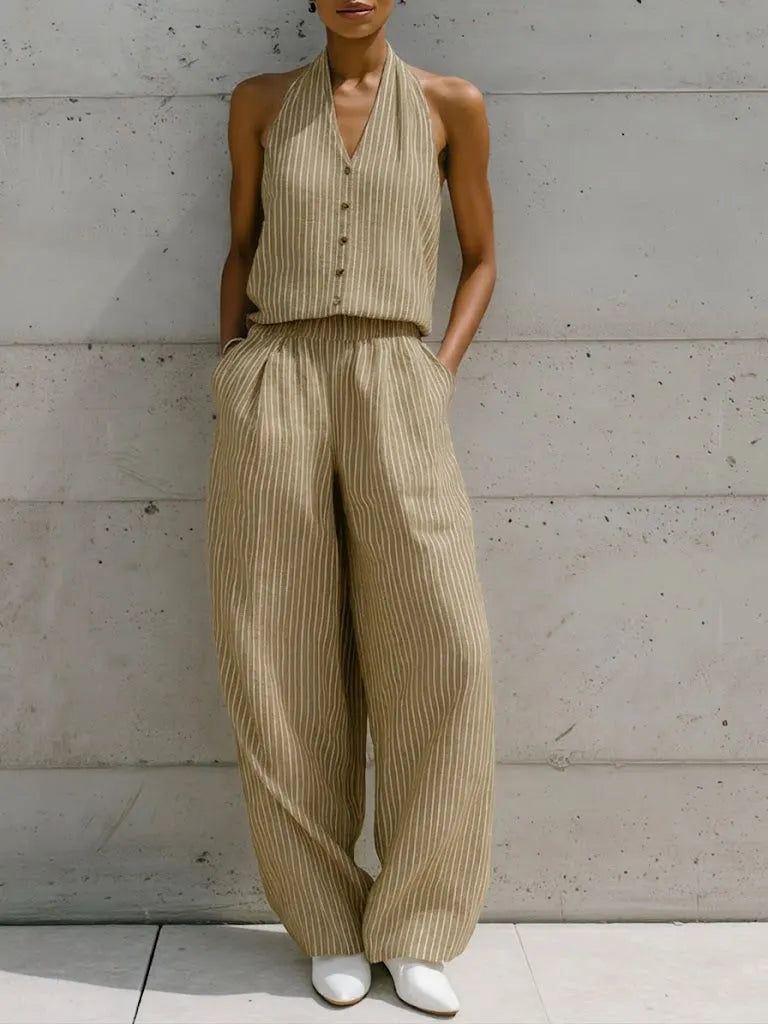 Casual Sleeveless Striped Linen And Cotton Top And Pants Two-piece Set