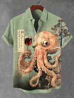 Men's Octopus Drinking Red Wine Fantasy Art Print Casual Shirt