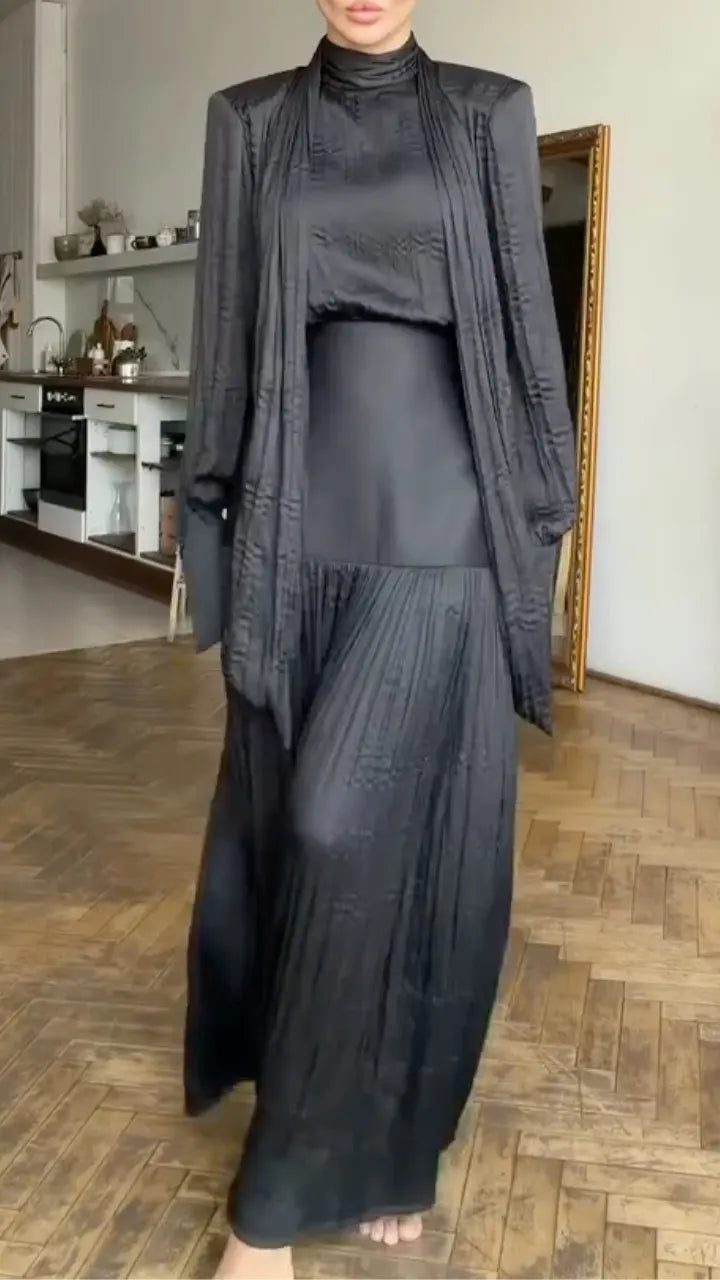 Black Satin Pleated Long 3 Piece Set