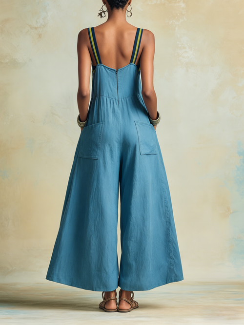 Airy Wide-Leg Tencel Jumpsuit – Bold Color-Block Trim