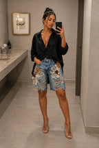 Women's Fashion 3D Floral Trim Ripped Cropped Jeans
