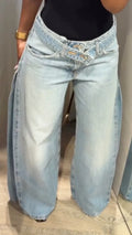 Wash Asymmetrical Waist Wide Leg Jeans
