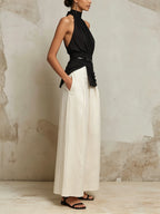 Black & White Halter Neck Two-Piece Wide-Leg Set With Belt