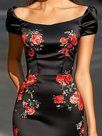 Black Satin Dress With Red Floral Accents