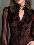 Vintage Velvet Embroidered Blouse With Sheer Sleeves