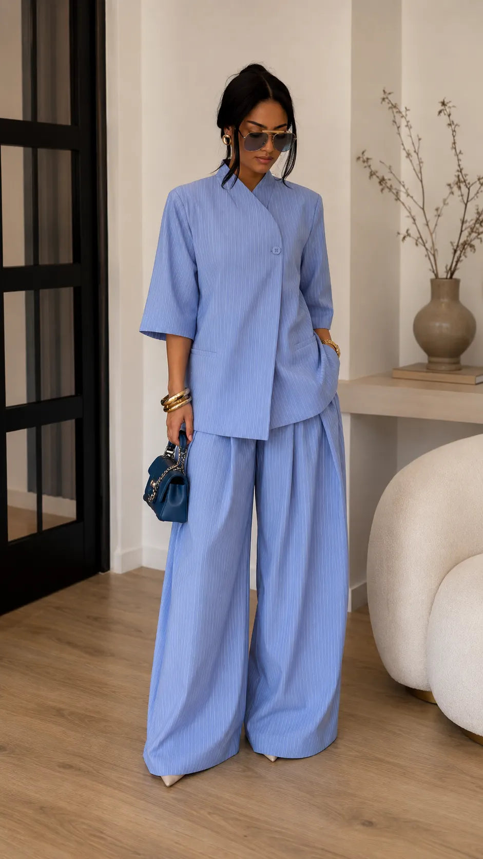 Stand Collar Blazer & Wide-Leg Pants Two-Piece