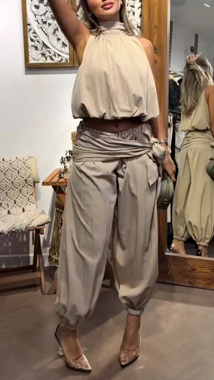 Halter Crop Top & Wrap Tie Harem Pants Two‐Piece Set