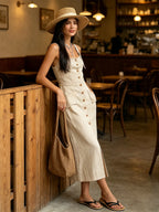 Beige Striped Front-Button Midi Dress (Adjustable Straps)