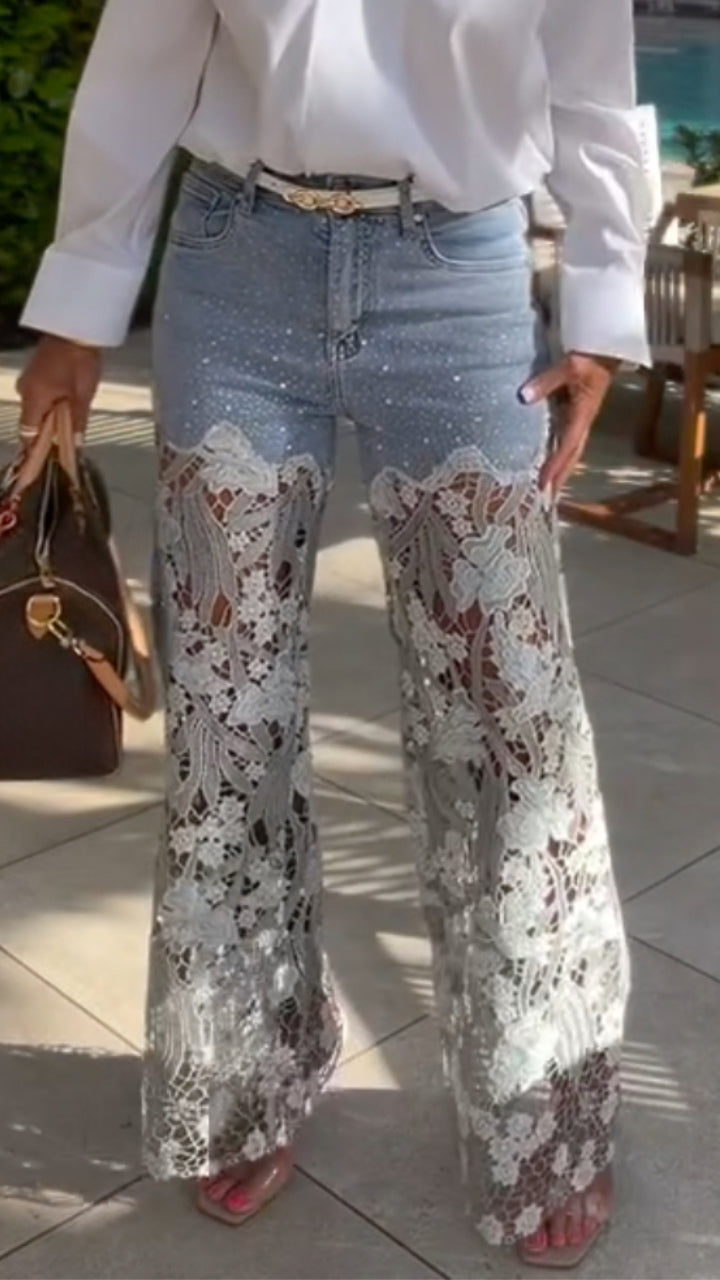 Women's Lapel Shirt + Paneled Cutout Jeans Set
