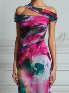 Asymmetric Off-Shoulder Watercolor Print Bodycon Midi Dress