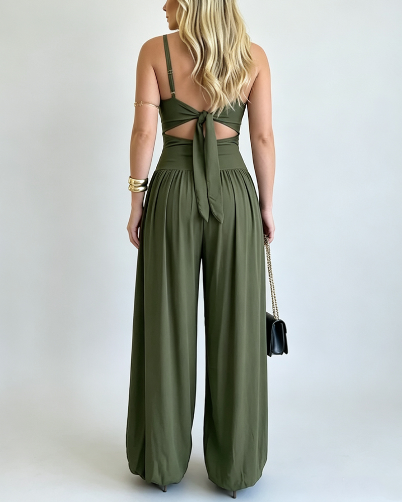 Waist Cutout Tie-Back Flowy Wide Leg Jumpsuit