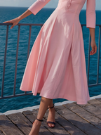 Midi Cotton Dress , Half Sleeve, V Neck, Plain, Button Design, French Vintage, Pink