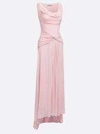 Pink Ruched Slit Formal Dress Cowl Neck Sleeveless A-Line Gown Dress