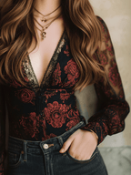 Vintage Rose Floral Lace Sheer Long-Sleeve Blouse