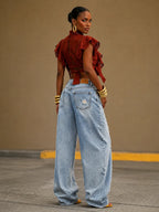 Light Wash Small Ripped Wide Leg Jeans