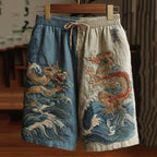 Men's Japanese Dragon Art Contrast Linen Short Pants