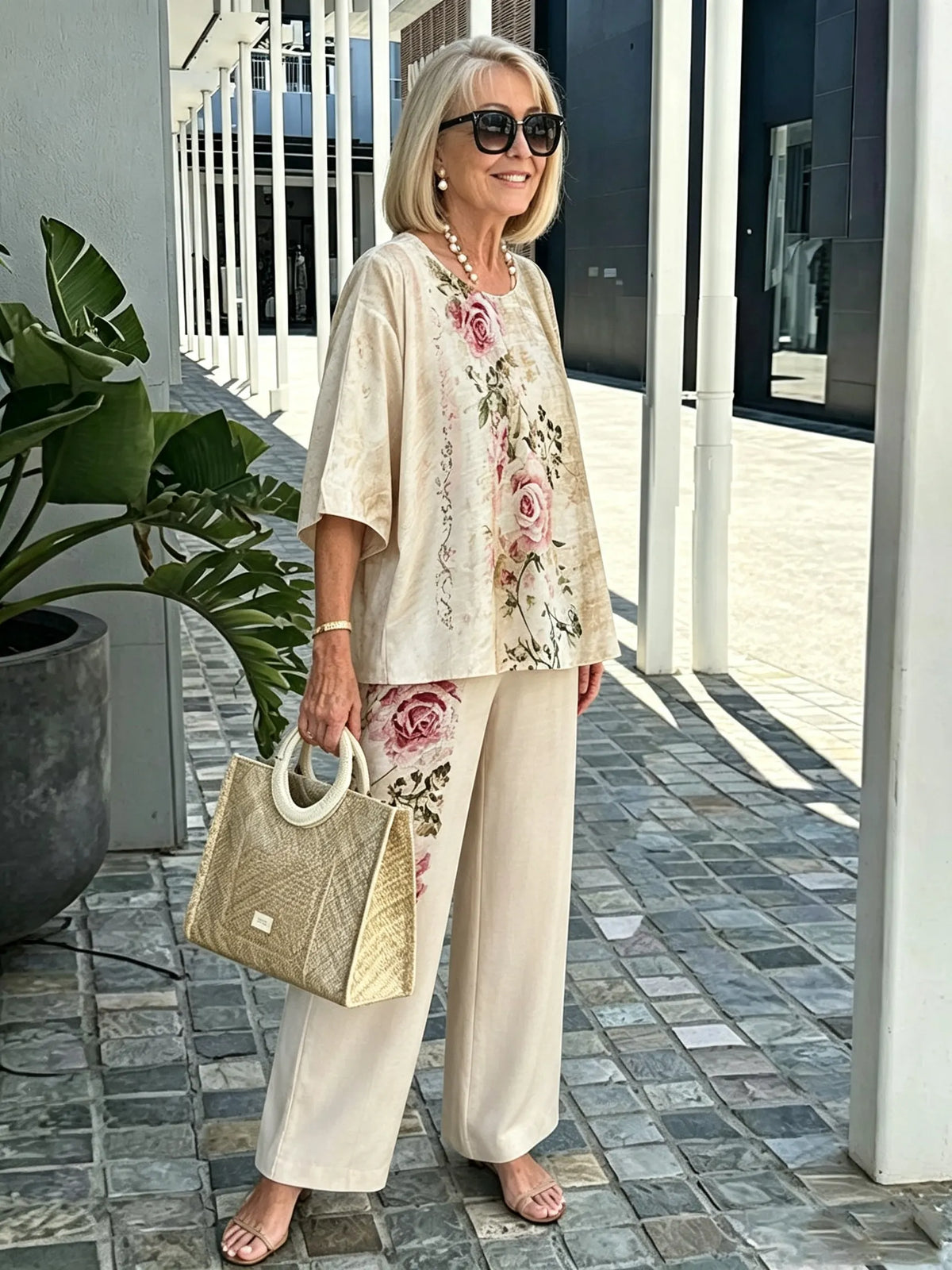 Women's 2 Piece Outfits Set, Crew Neck Flutter Sleeve Layered Blouse & Leaf Print Straight Leg Pants, Casual Loose Matching Two Piece Set for Summer Daily Wear