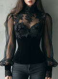 Elegant Black Velvet Lace Sheer Balloon Sleeve Blouse