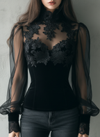Elegant Black Velvet Lace Sheer Balloon Sleeve Blouse
