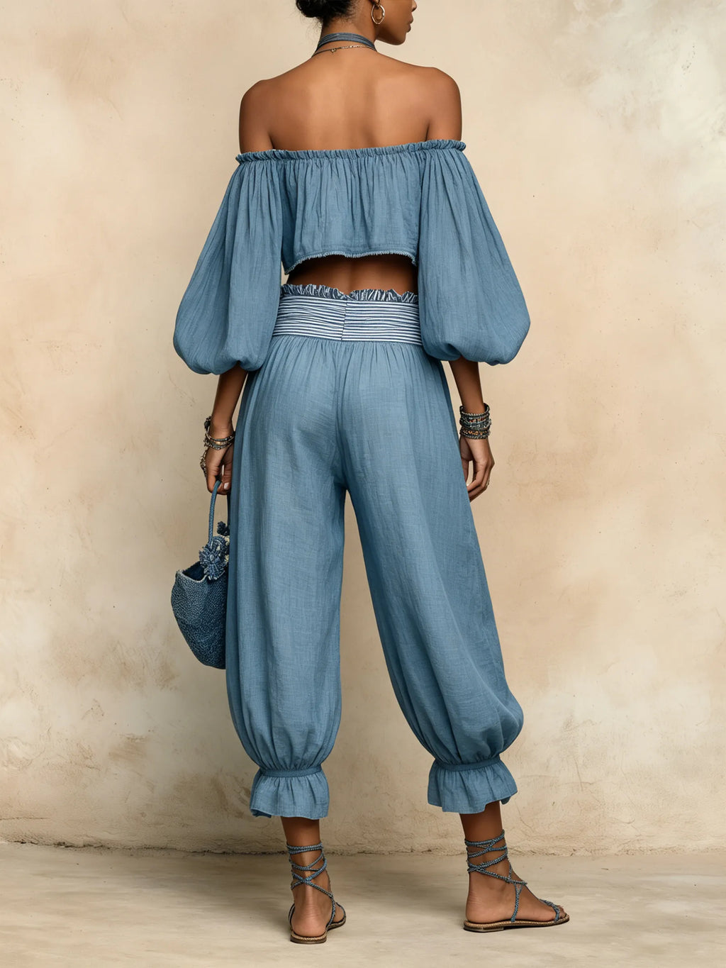 Blue Off-Shoulder Linen-Blend Two-Piece Balloon Pant Set