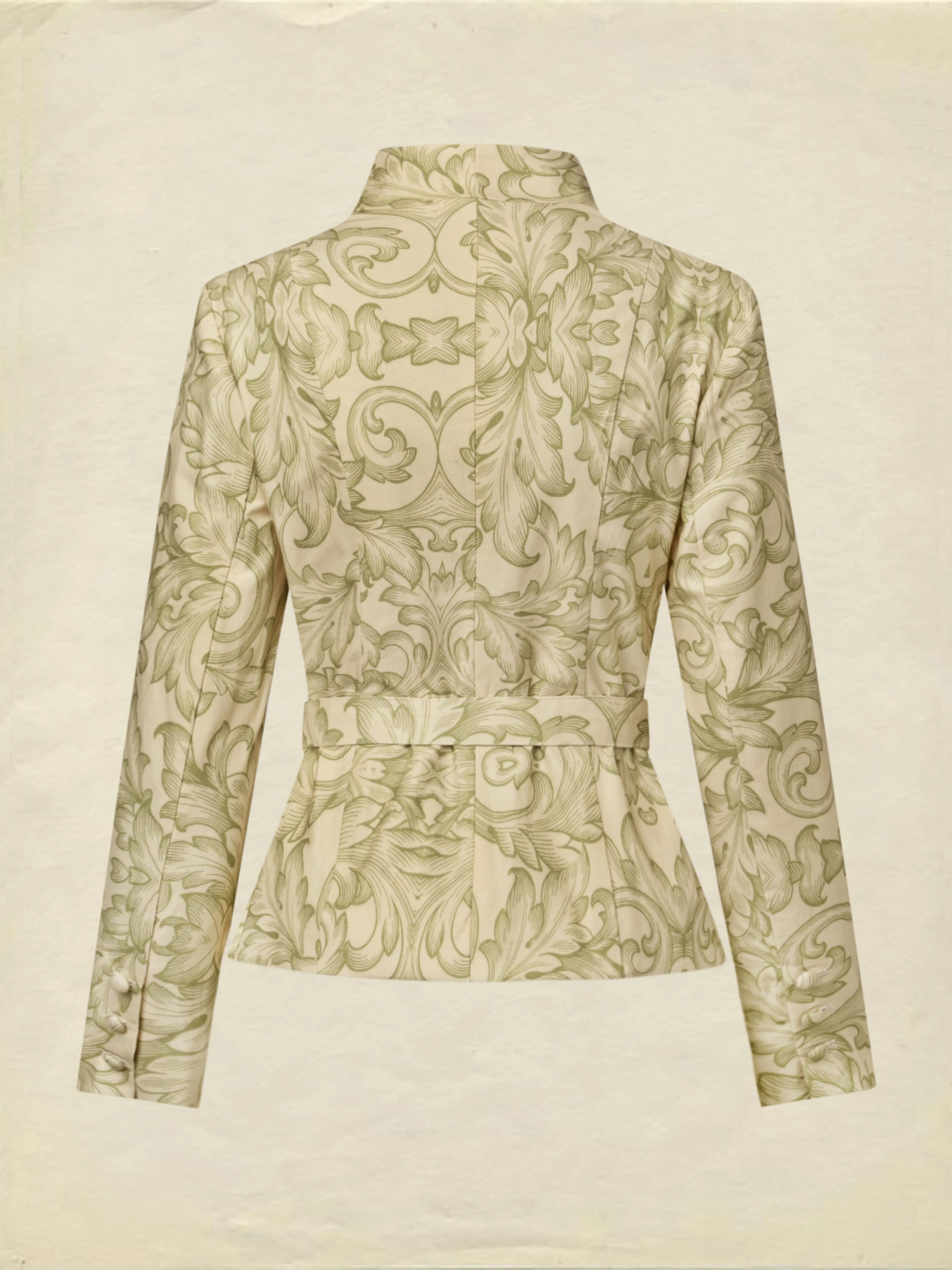 Midi Cotton Skirt Set, Long Sleeves, V Neck, Leaf, Plants, Button Design, Vintage, Light Khaki