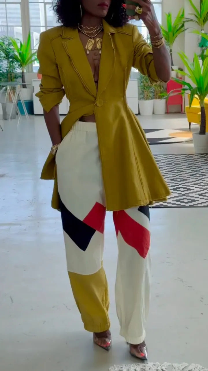 Mustard Cinched Blazer & Geometric Print Wide Leg Pants Set