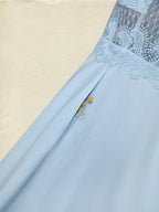 Maxi Cotton Dress, Sleeveless, V Neck, Plain, Lace, French Vintage, Blue
