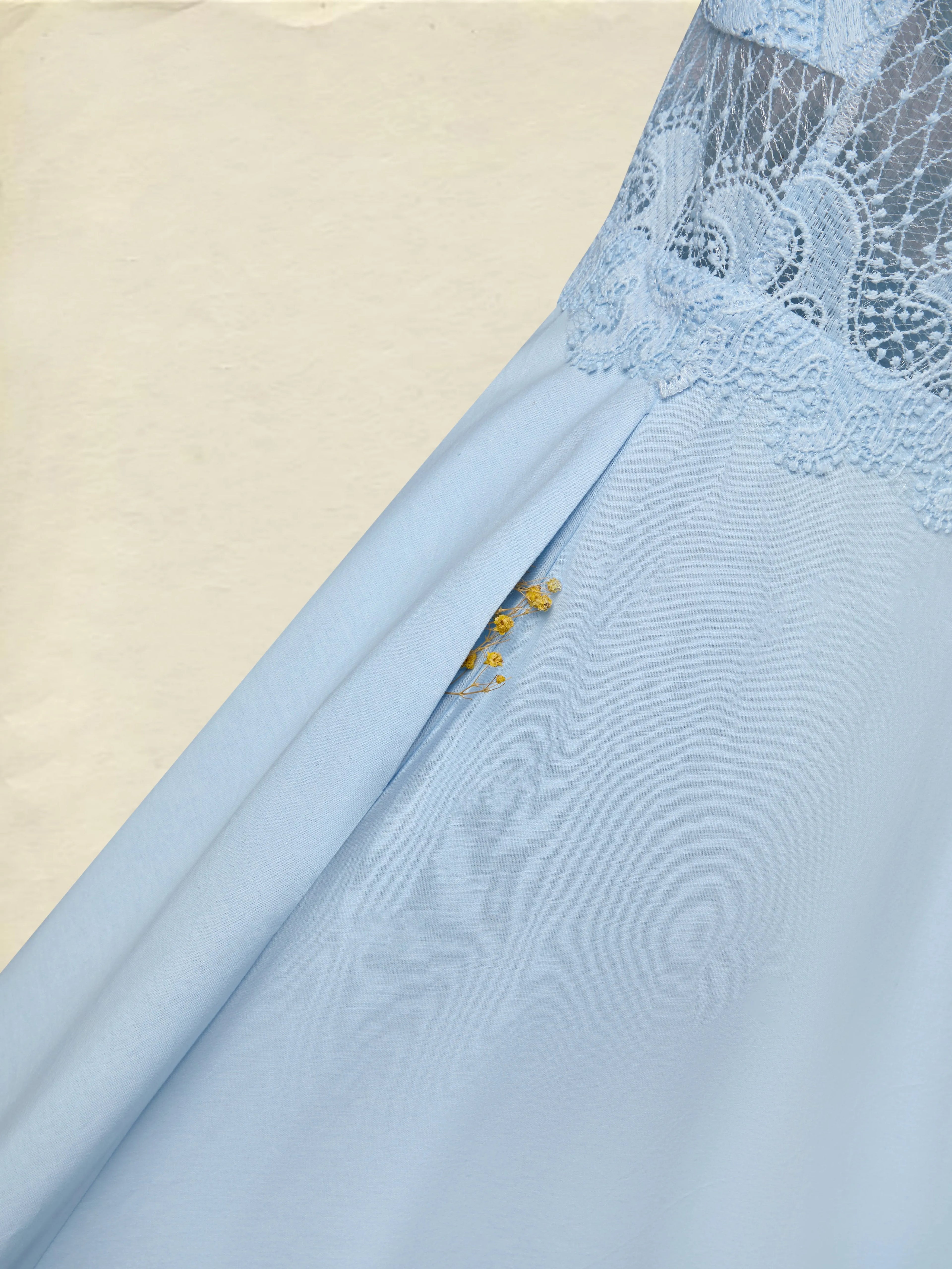 Maxi Cotton Dress, Sleeveless, V Neck, Plain, Lace, French Vintage, Blue