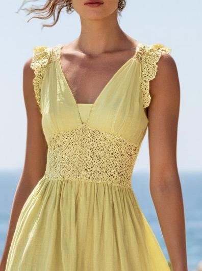(SIZE:XS-XXL)Linen Maxi Dress, Sleeveless, V neck, Plain, Vintage, Yellow