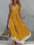 Color-blocked V-neck Lace-trimmed Cotton And Linen Sleeveless Maxi Dress