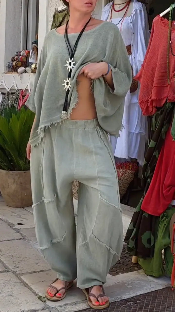 Mauve Frayed Linen Two Piece Set