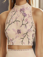 Chic Beige Satin Embroidered Two-Piece Set