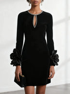 Black 3D Floral Rhinestone Velvet Crew Neck Long Sleeve Sheath Mini Dress