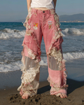 Summer Vacation Lace Handmade Floral Embroidery Pants 6b01